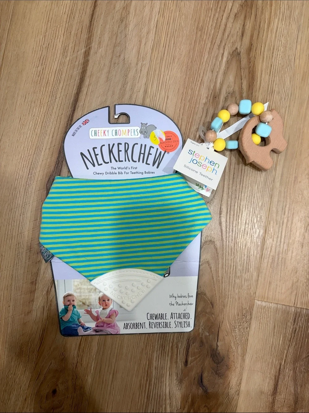 Teal & Lime Striped Bib with Silicone Teether